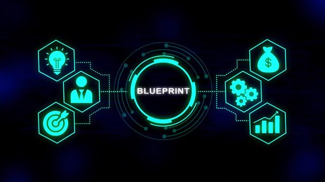 Blueprint concept digital interface with glowing neon icons representing idea person target money gears and growth chart on dark futuristic background with circuit board pattern and data streams - Powered by Adobe