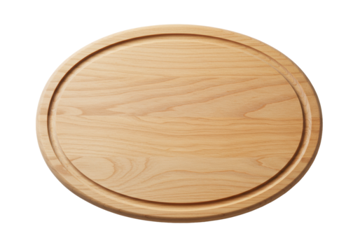 An empty oval light natural wooden serving board with intricate grain and raised rim, casting soft shadows on a transparent background with copy space, natural elegance concept