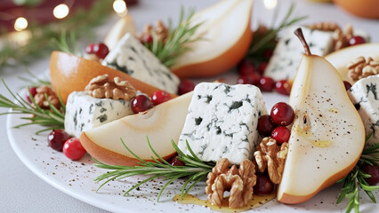 クリスマスにふさわしいリースの形に盛り付けられたゴールデンペアとブルーチーズのホリデーリース