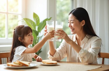 Young Asian mother, little daughter clink milk glasses, sharing happy morning moment at home. Smile, enjoy healthy breakfast meal with fresh beverage, bread. Joyful family bonding fosters wellness at