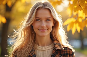 Fototapeta premium Blond woman smiles warmly in autumn park with yellow leaves. Wears plaid jacket, sweater. Sunlight filters through trees, creating soft, glowing atmosphere. Hair blows gently in breeze. Portrait