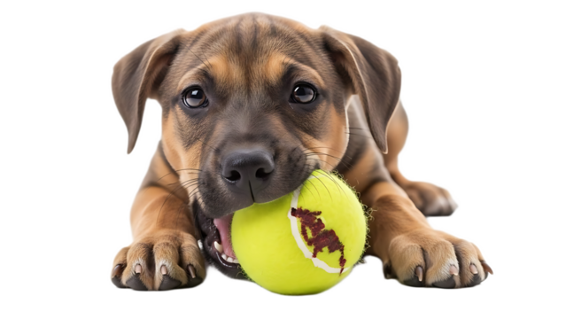 Close up of a cute puppy lying down and playfully biting a yellow tennis ball with a brown design on it