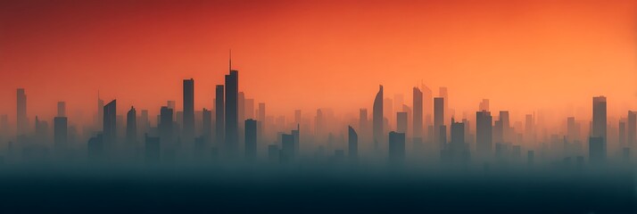 Fototapeta premium A silhouette of a futuristic skyline at sunset, featuring tall buildings against a gradient of orange and blue hues, creating a dramatic atmosphere.