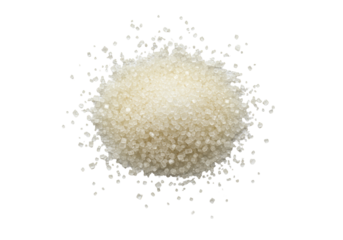 Extreme macro shot of small, light beige granulated sugar particles with crystalline structure, randomly scattered on a pristine transparent background with copy space, concept of purity and culinary