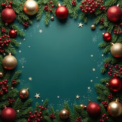 Obraz premium Festive Xmas themed background featuring decorative elements. Green backdrop with ornaments stars and berries. Perfect template for holiday greeting cards festive promotions or social media posts.