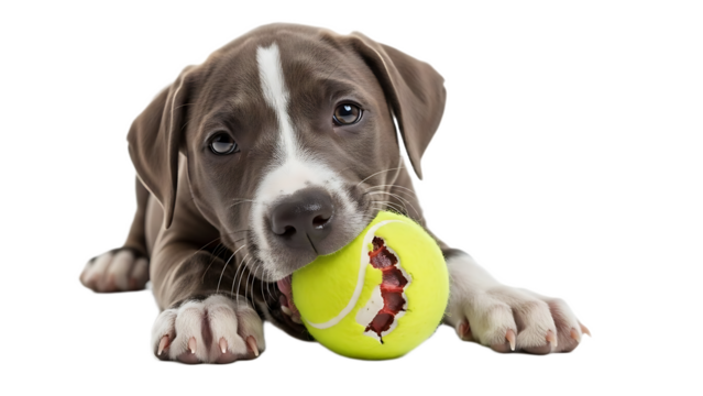 A playful puppy chewing on a tennis ball with a curious expression on a black background looking at the camera