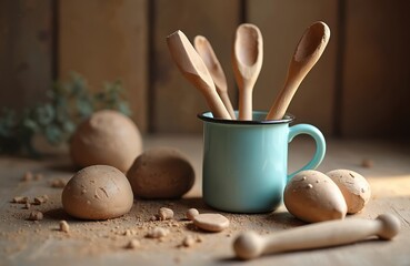 Raw natural clay lumps, wood sculpting tools sit ready on rustic table. Turquoise mug holds various carved wood spoons for pottery. Loose clay pieces, dust scatter. Home craft studio setup for