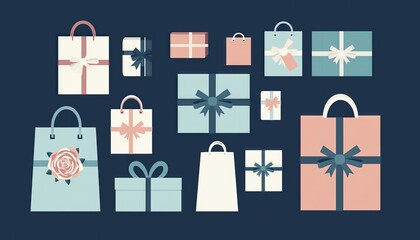 Collection of Gift Boxes and Shopping Bags on Dark Background.
