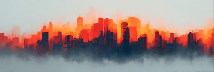 Fototapeta premium A vibrant city skyline bathed in sunset hues, blending orange and black tones, creating a dramatic atmosphere over a misty foreground.