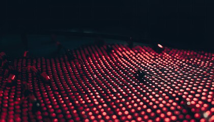 Abstract Red Illuminated Spheres Grid Pattern Futuristic Technology Background.