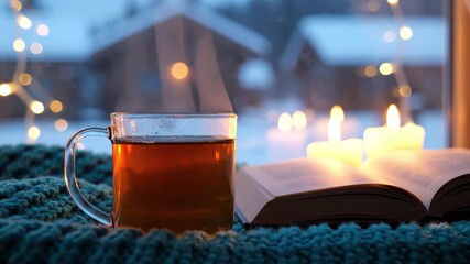 Steaming mug of hot tea on a cozy knitted blanket with a book and candles by a winter window
