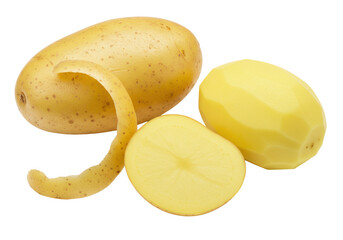 Three fresh yellow potatoes: whole, partially peeled, and cut, showing vibrant yellow flesh, on a transparent background, soft studio light, macro focus. Concept of food preparation