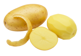 Three fresh yellow potatoes: whole, partially peeled, and cut, showing vibrant yellow flesh, on a transparent background, soft studio light, macro focus. Concept of food preparation