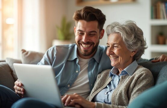 Young man helps elderly woman use laptop at home. They sit close on sofa, smiling, watching screen together. Multigenerational family enjoys online activity, bonding moment.