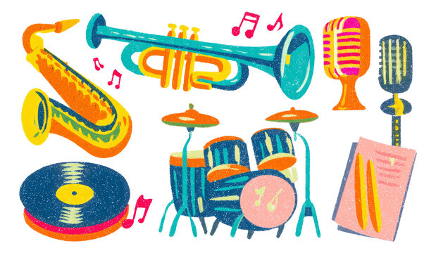 Vibrant Music Instruments Illustration with Retro Style and Colorful Elements