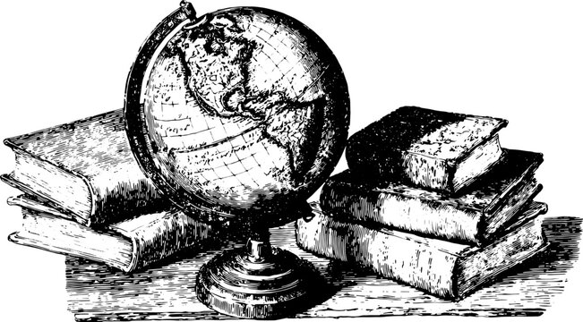 Globe and books in vintage engraving style. Black outline vector illustration set displaying educational tools for study and knowledge.