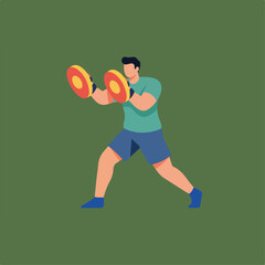A person stands in a boxing stance, holding two donut-shaped targets, set against a solid green background, creating a simple and stylized image.