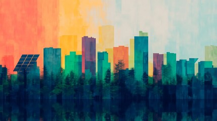 Fototapeta premium A vibrant, abstract city skyline featuring colorful buildings and solar panels, reflecting a blend of nature and urban life.