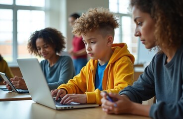 Children with laptops in class. Diverse students learn computer skills together. Young boy and girl focused on screen. Teacher helps with lesson. Modern education for everyone.