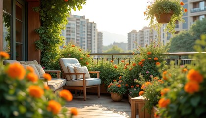 Obraz premium Cozy apartment balcony features blooming garden with vibrant orange flowers, green plants. Comfortable armchair, sofa with cushions create urban relaxation spot. Soft morning sunlight illuminates
