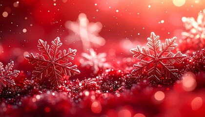 Falling crystal snowflakes against a deep red glow and soft golden bokeh. A warm and festive Christmas Background for New Year celebrations and winter sales.