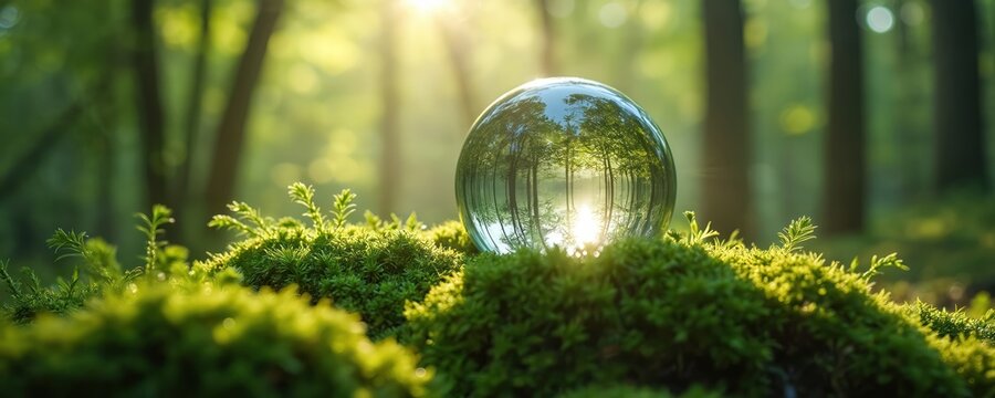 Crystal ball sits on bright green moss in deep forest. Sunlight shines through trees, reflects inside glass sphere. Eco friendly concept of earth protection, natural world future. Green environment - Powered by Adobe