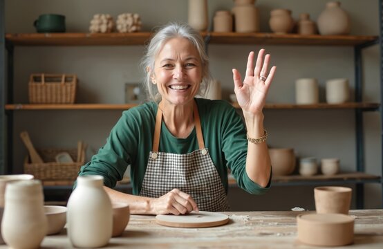 Senior female potter greets at workshop. Woman smiles, waves at camera. Lady teaches pottery class with earthenware craft items, hobby occupation. Artisan potter smiles during tutorial live streaming.