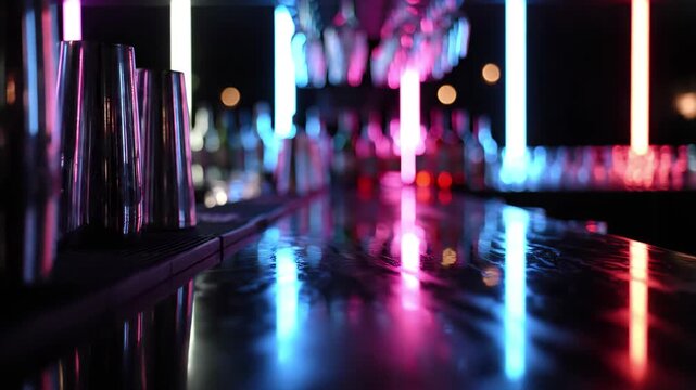 Vibrant neon lights reflecting on a bar counter with cocktail shakers in a blurred nightlife setting