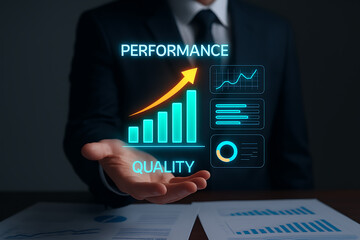 A businessman holds a glowing performance and quality bar chart with an upward arrow and various data visualizations in a futuristic setting