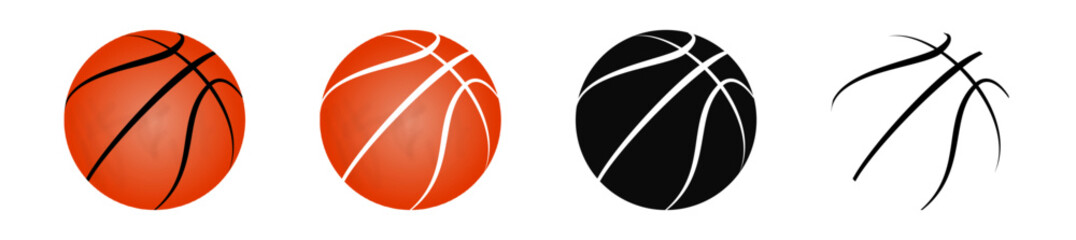 A clean basketball icon set featuring four unique styles&mdash;realistic, glossy, solid black, and outline. Perfect for sports graphics, app UI, logos, and modern vector designs.