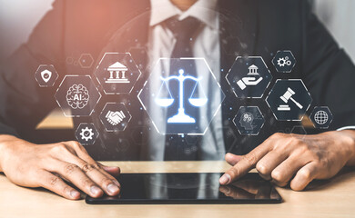 Futuristic digital law interface displaying justice scale, highlighting digital law, AI compliance,...