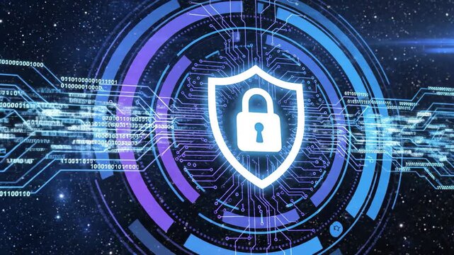 Digital security concept with glowing shield and padlock icon, circuit board patterns, and binary code