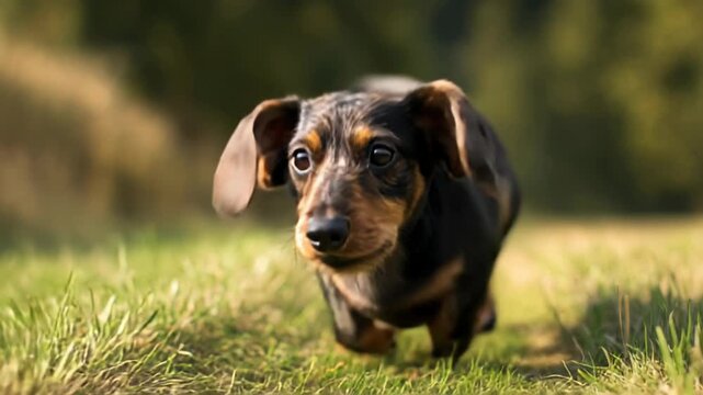 Young Dachshund Puppy Running Toward Camera in Bright Outdoor Park Scene