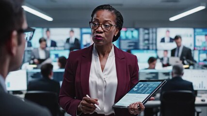 Confident african american businesswoman presenting data on a digital tablet in a hightech control room - Powered by Adobe