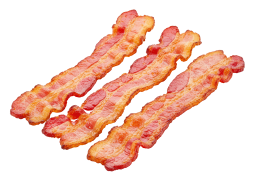 perfectly cooked golden brown and crispy bacon strips, glistening fat, reddish-pink meat, arranged appealingly, isolated on a transparent background with copy space for delicious breakfast concept - Powered by Adobe
