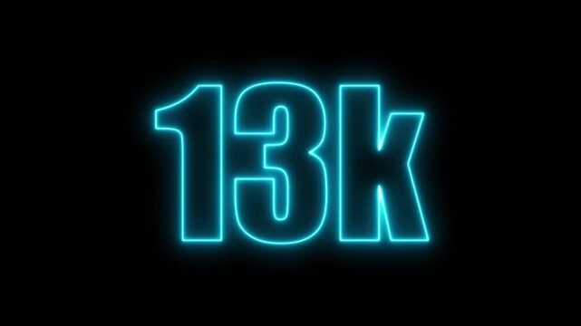 Electric Blue Neon 13k Number Sign Illuminated on Black Background thirteen thousand numeral