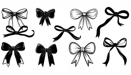 Collection of hand drawn black and white bow illustrations with elegant ribbon designs.
