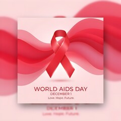 Abstract red and pink gradient waves flowing behind a floating red ribbon, modern aesthetic, soft glow, stylish Instagram-ready World AIDS Day poster"