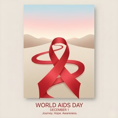 Conceptual World AIDS Day artwork, long red ribbon stretching forward like a road, symbolizing journey and awareness, soft skies, modern minimal illustration"