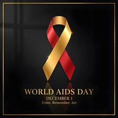 "Premium 3D metallic red-gold ribbon, glossy reflections, luxury black glass background, high contrast lighting, elegant World AIDS Day design"
