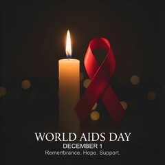 "World AIDS Day remembrance poster, single glowing candle with red ribbon beside it, warm emotional lighting, dark soft background, calm premium composition"