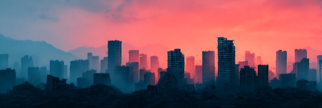 A dramatic skyline at sunset, featuring silhouetted skyscrapers amidst ruins, creating a stark contrast between nature and urban decay. - Powered by Adobe