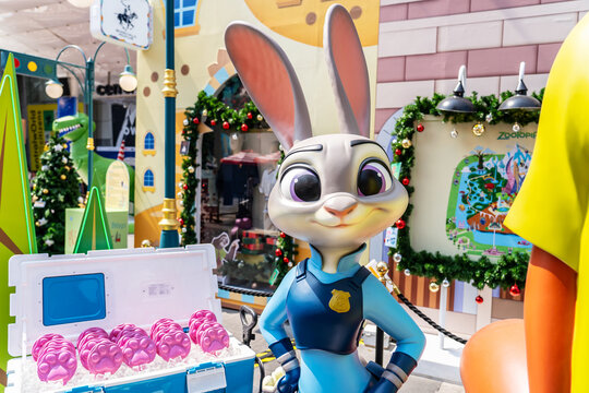 BANGKOK, THAILAND, 27 November 2025 - A model of Judy Hopps the Fox from the movie Zootopia being showcased in front of mall,  A famous character in movie theatre