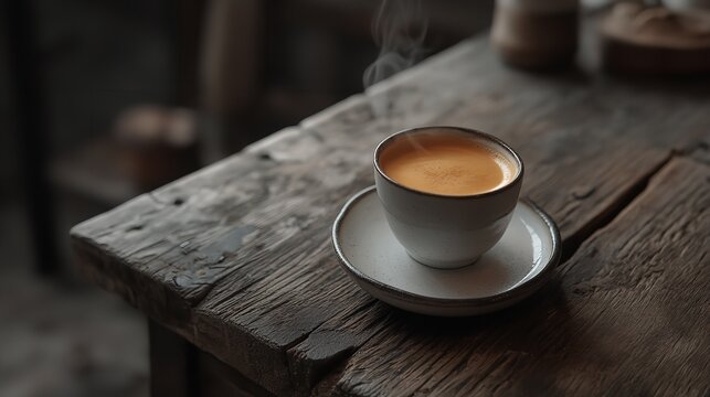 A steaming cup of coffee on a rustic wooden table perfect for a cozy morning or afternoon break time