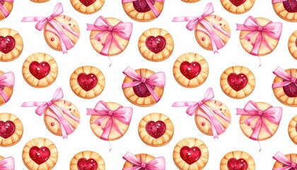 Seamless watercolor pattern of sweet heart shaped cookies decorated with pink bows and jam filling.