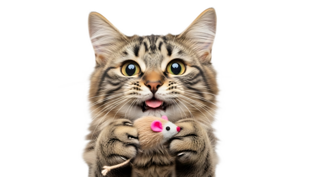 A tabby cat holding a toy mouse with its paws and sticking its tongue out on a black background