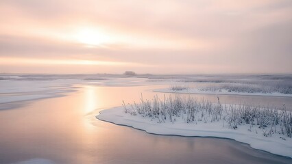 Serene winter landscape with a partially frozen river reflecting the soft pastel hues of a sunrise or sunset sky.