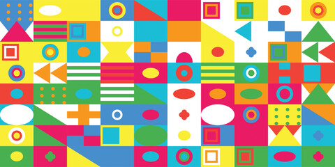 Geometric Shapes Arranged in Colorful Modern Art Style Fun and Vibrant Design Playful and Cheerful Background for Creative Projects and Designs
