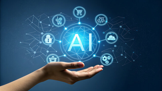 Human hand presenting a glowing digital circle with the letters ai in the center, surrounded by interconnected technology and business icons against a dark blue background - Powered by Adobe