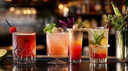 Cocktail drinks photography on bar counter for summer parties and special occasion celebration drinks